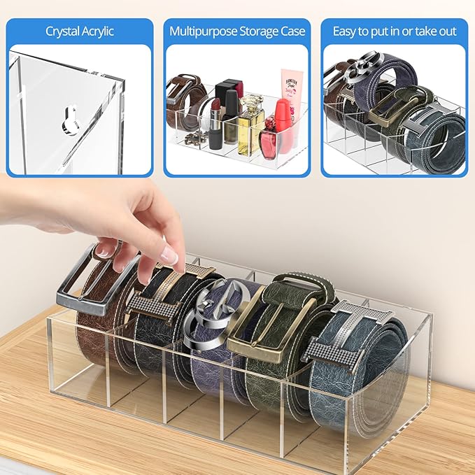 Belt Organizer, Acrylic Belt Storage Holder for The Closet and Drawer, 5 Compartments Belt Container Clear Display Case for Tie and Bow Tie