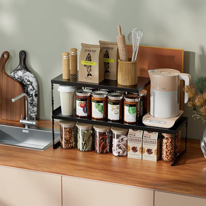 Adjustable Stackable Metal Storage Shelf Organizer - Expandable Wire Rack with Perforations for Kitchen, Pantry, Bathroom, Cabinet & Office-Compact, Durable & Sturdy (3PACKS/Medium/Black)