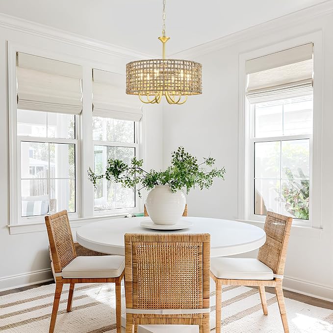 Boho Hand Woven Rattan Chandelier 6 Lights Farmhouse Golden Chandelier, 17.7'' Coastal Drum Wicker Chandeliers for Dining Room Kitchen Living Room Entryway Bedroom