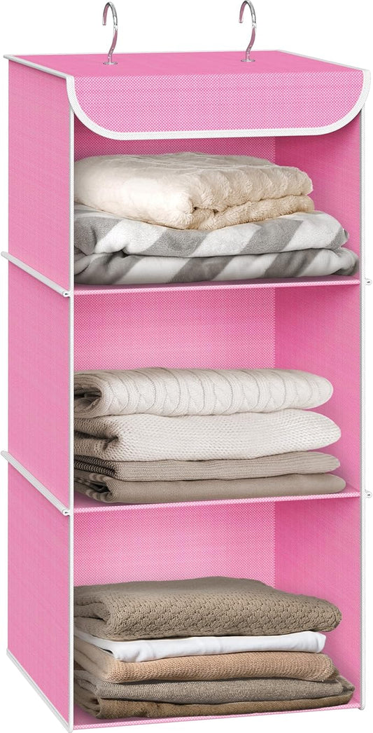 Simple Houseware 3-Shelf Hanging Closet Organizer, Fabric Storage Shelves with 57L Capacity, Pink