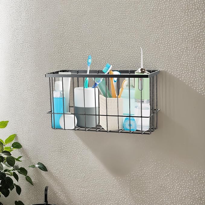 3 Pcs Adhesive Refrigerator Organizer Baskets Metal Shelf Rack and Adhesive Holder with 2 Types of Installation for Storage in Kitchen, Bathroom, Office, or Laundry (Black)