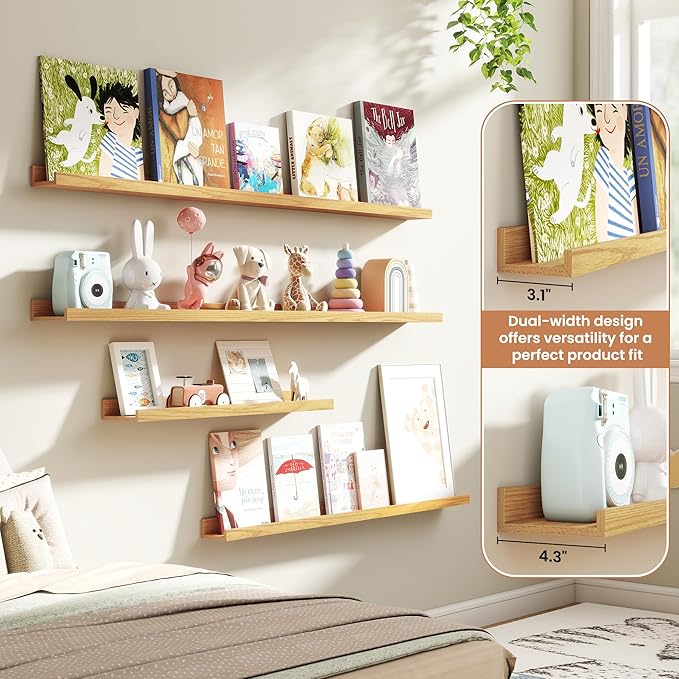 Fun Memories Picture Ledge Shelves Set of 4, 24 Inch Rustic Wall Mounted Floating Shelves with Lip for Home Storage and Décor in Bathroom, Kitchen, Nursery, Bedroom, Living Room, Oak