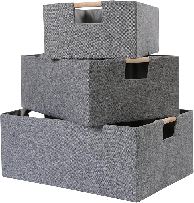 ANMINY 2PCS Storage Baskets for Organizing Collapsible Fabric Storage Bins Boxes with Wood Handles Closet Shelves Cube Organizer Bins Clothes Laundry Storage Container - Large, Gray