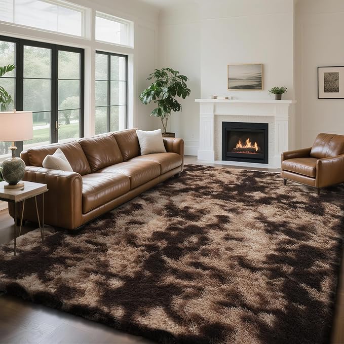 Fluffy Rug Shaggy Area Rug, Mottling Brown 10x14 Area Rugs for Bedroom, Super Soft Shaggy Rugs for Living Room Bedroom Kids Room Home Decor, Upgrade Anti-Skid Rectangular Fuzzy Rug