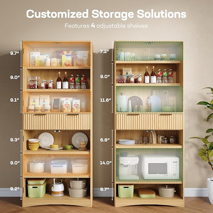 Marsail 72" Tall Kitchen Pantry Cabinet, Spacious Storage Cabinet with a Drawer, 4 Adjustable Shelves, 6 Door Shelves, Anti-Tip Safety, Fluted Cabinet for Kitchen, Dining, and Living Room, Natural