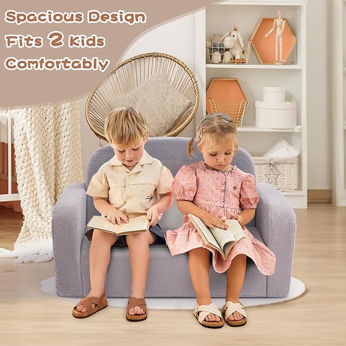 Extra Wide Kids Couch, 2-in-1 Soft Toddler Couch with Blanket, Comfy Toddler Chair, Convertible Sofa with Cute Rainbow Design, Grey