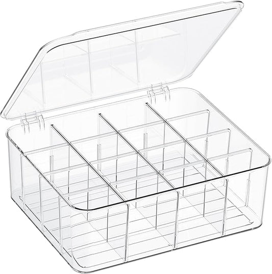 Sock Underwear Organizer, 16 Compartment Adjustable Dividers Tie Bras Socks Underwear Drawer Organizers for Closet, Clear Plastic Storage Containers Box with Lids for Bra Ties Scarf Socks