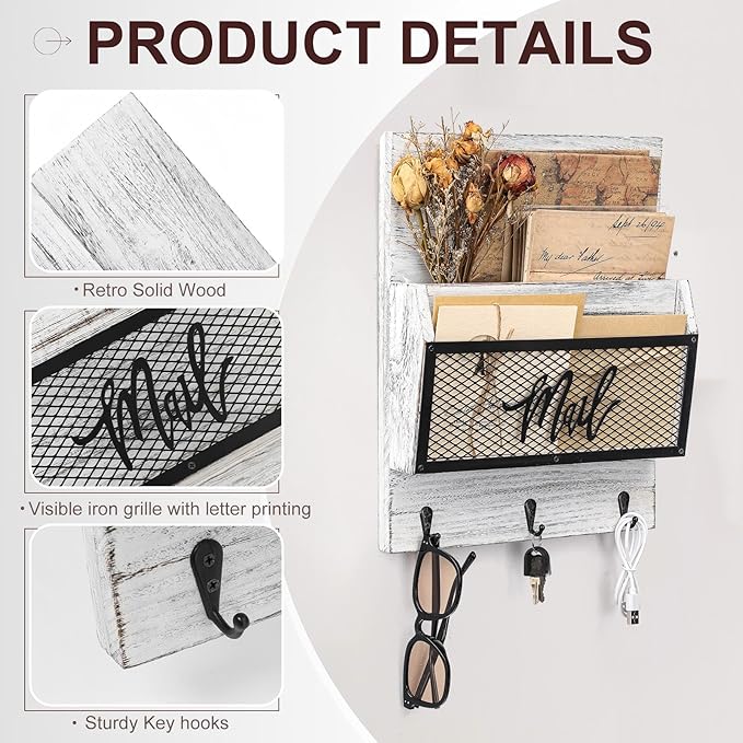 Farmhouse Mail Organizer Wall Mounted Rustic Mail Holder Hanging Key Sorter with 3 Hooks Indoor Wooden Wall Mounted, Letter, Magazines, Newspapers, Keys(Classics,White Gray)