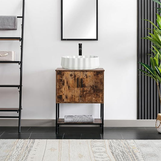 eclife 24" Bathroom Vanity Sink Combo Modern Metal Stand Cabinet W/Bottom Shelf White Shell Vessel Sink & Water Save Faucet & Pop Up Drain, Rustic Brown (T54)