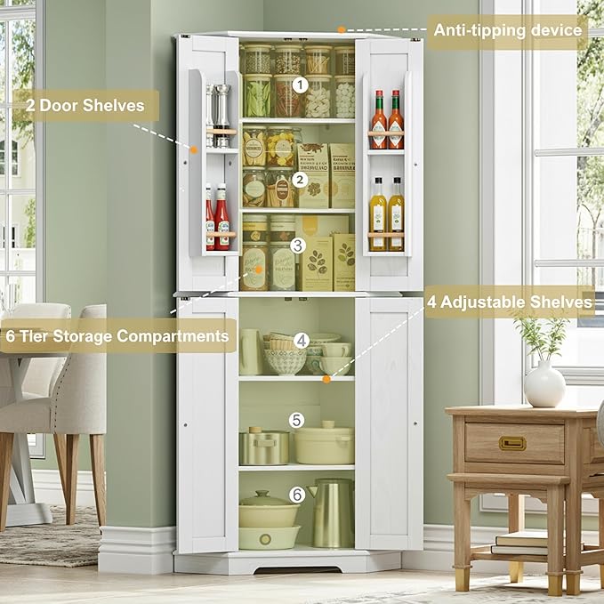 IRONCK Corner Cabinet, 72" H Kitchen Pantry Storage Cabinet, 4 Barn Doors with Storage Rack, 4 Adjustable Shelves, 6-Tier Tall Food Pantry Cabinet, Farmhouse Hutch for Kitchen Dining Room, White