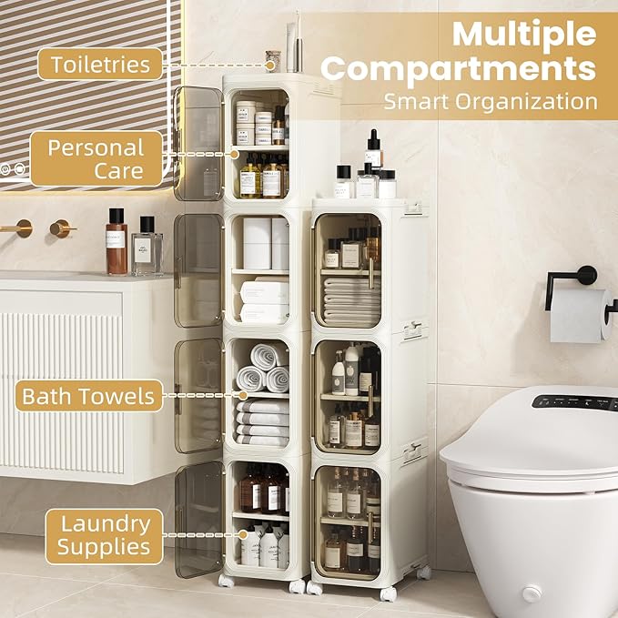 4 Tier Slim Bathroom Storage Cabinet, Narrow Organizer with Wheels and Toilet Paper Holder, Waterproof, No Assembly Required, Perfect for Small Spaces in Bathroom, Kitchen and Living Room