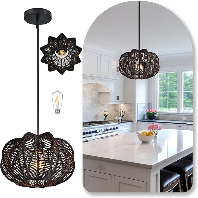 Black Rattan Pendant Light 12.6 in Rattan Light Fixture Wicker Chandelier Woven Pendant Light Boho Chandelier for Foyer