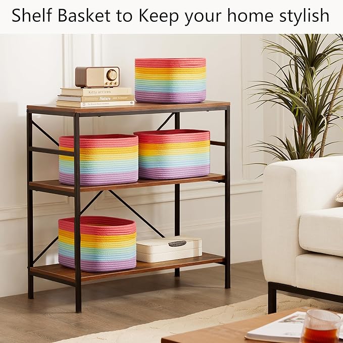 Rainbow Rope Basket for Storage 4 Pack Baskets for Shelves Woven Toy Storage Bins for Nursery Kids in Classroom 12.7"Lx9"Wx7.9"H