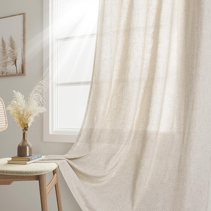 Joywell Beige Linen Back Tab Rod Pocket Linen Curtains 108 Inches Long 2 Panels for Living Room Bedroom Neutral Boho Farmhouse Rustic Light Filtering Semi Sheer Curtains Window Treatment 52x108