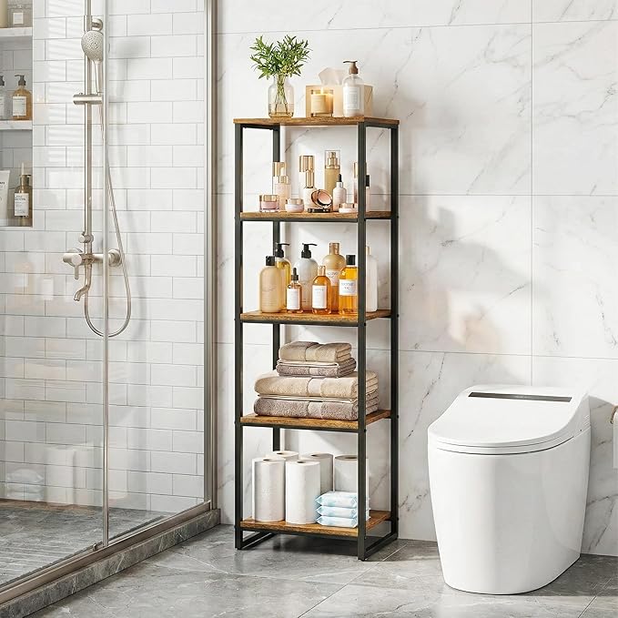 5-Tier Bathroom Shelving Unit, 47" H Narrow Open Floor Shelves, Metal Corner Slim Storage Rack for Bathroom Laundry Room Kitchen Living Room, Rustic Brown