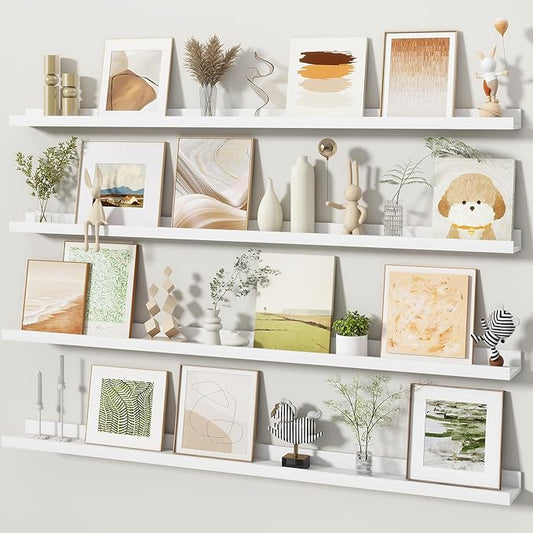 Fun Memories Picture Ledge Shelves Set of 4, 48 Inch Rustic Wall Mounted Floating Shelves with Lip for Home Storage and Décor in Bathroom, Kitchen, Nursery, Bedroom, Living Room, White