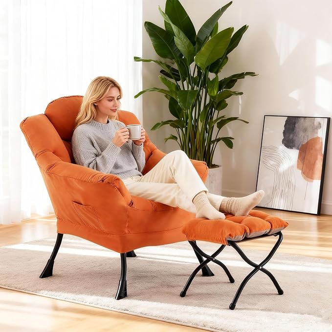 Welnow Lazy Chair with Ottoman for Living Room, Modern Reading Lounge Accent Chair with Armrests and a Side Pocket, Leisure Upholstered Lazy Sofa for Small Space, Bedroom, Dorm, Orange