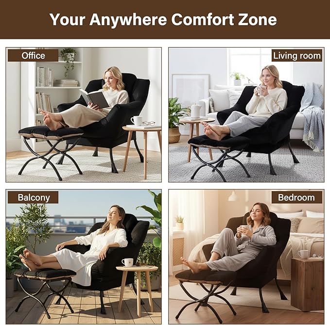 Welnow Lazy Chair with Ottoman, Modern Lounge Accent Chair with Armrests and a Side Pocket, Leisure Sofa Armchair, Reading Armchair with Footrest for Small Space, Black