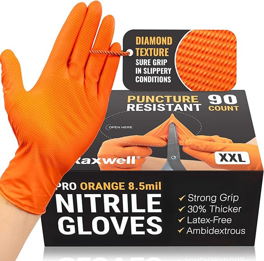 Raxwell Orange Nitrile Gloves 8.5 Mil - Powder-Free Puncture-Resistant Protection - Diamond-Texture Work Gloves with Grip