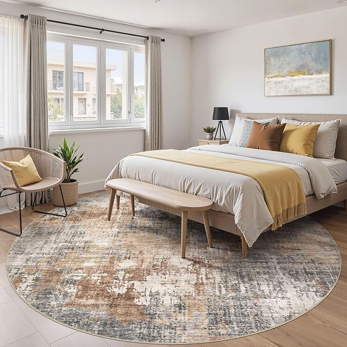 10ft Round Area Rug Living Room Rugs - 10x10 Washable Circle Rug Large Soft Indoor Neutral Modern Abstract Low Pile Carpet for Bedroom Dining Room Farmhouse Home Office - Grey Brown