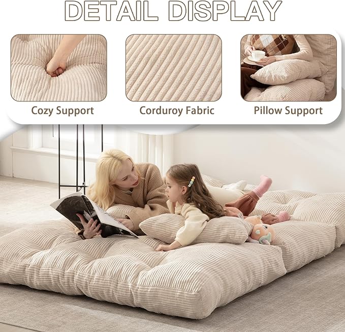 Folding Sofa Bed, Convertible Sleeper Chair with Pillow Foldable Mattress with Back Support, Portable Fold Out Chair Bed Comfy Floor Sofa Lounge for Living Room Bedroom, Beige Full 80x54 Inch