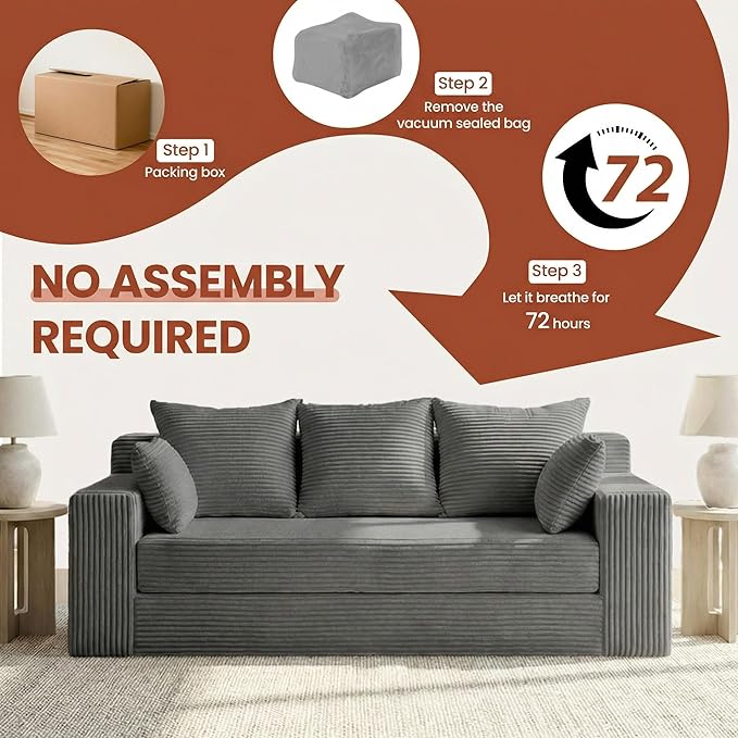Convertible Sofa Bed, 5 in 1 Small Boneless Couch Pull Out Loveseat Sleeper Sofa,Corduroy Futon Couch Folding Mattress with 4 Pillows for Living Room Bedroom Lounge (No Assembly)