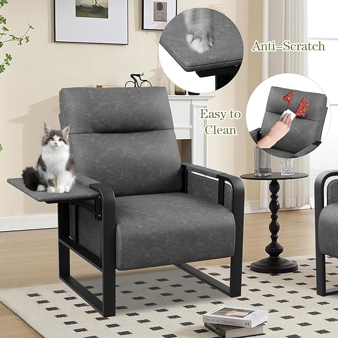 Modern Accent Chair with Tray Table PU Leather Upholstered Armchair for Bedroom Leisure Living Room Chairs Office Chair Grey