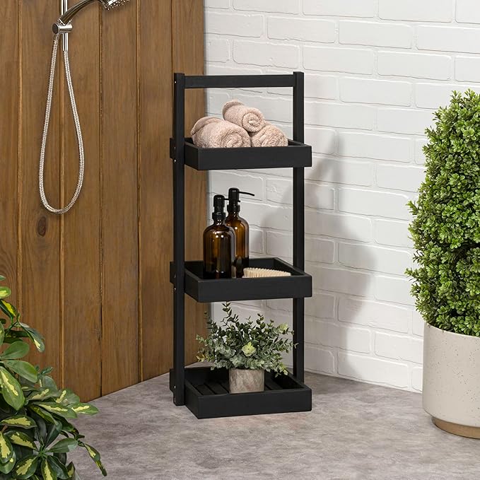 happimess SHF1001B Tilly 30" Classic Rustic 3-Tier Acacia Wood Freestanding Bathroom Shower Caddy with Handle, Rack for Bath, Office, Kitchen Desktop, Black