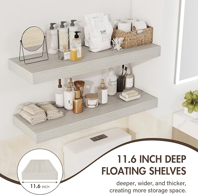 72 Inch Floating Shelves, 12" Deep Floating Shelf Wall Mounted, 72" Wall Shelves, Rustic Deep Bookshelf, Extra Deeper & Thicker Display Shelves for Bedroom, Living Room, Gray, Set of 1
