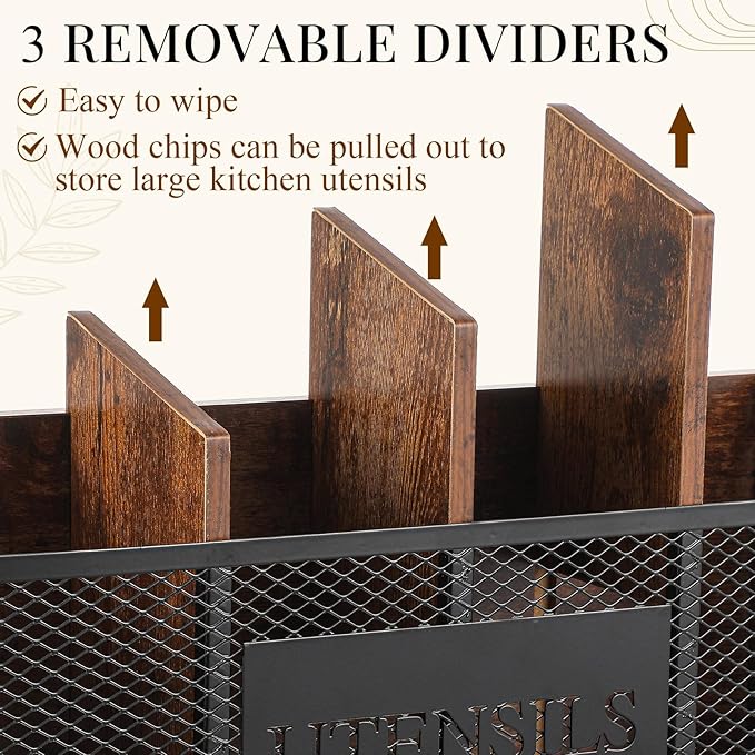 Extra Large Kitchen Utensil Holder Wooden with 4 Compartments, Utensil Organizer for Countertop, Cooking Silverware Storage for Rustic Kitchen Countertop Holder Farmhouse Cooking Container