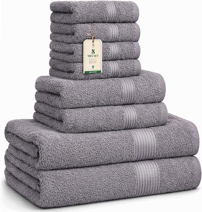 Luxe Set – Washcloths (30 x 30cm), Hand Towels (40 x 70cm) & Bath Towels (65 x 137 cm) – 100% Cotton, Soft, Absorbent, Easy Care, Versatile, (Stone Grey)
