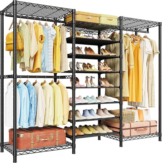 E16 Heavy Duty Clothing Rack（with 7-Tier Adjustable Shoe Rack） Freestanding Clothes Rack for Hanging Clothes，Metal Closet Storage Organizer Large Wardrobe，69'' W x 15.8'' D x 76.2'' H，Black