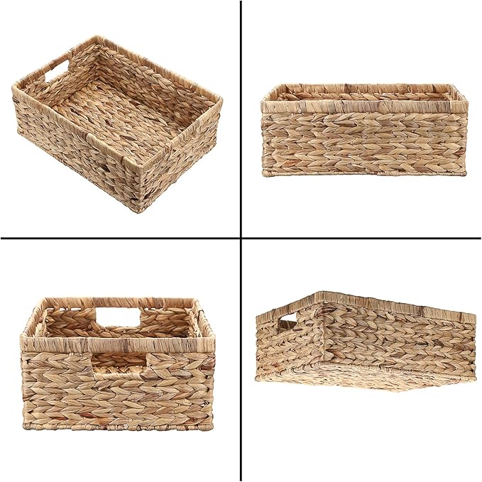 Hipiwe Wicker Basket for Shelf Organizing, Storage Basket Bins with Built-in Handles, Handwoven Water Hyacinth Baskets Rectangular Decorative Baskets Bin,15.9"x12"x5.9"