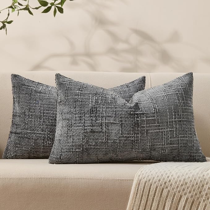 Decorative Couch Throw Pillow Covers 12x20 Set of 2 Dark Gray Soft Chenille Pillow Covers Neutral Textured Boho Cushion Covers for Modern Farmhouse Sofa Bedroom Living Room Decor SY008-E12