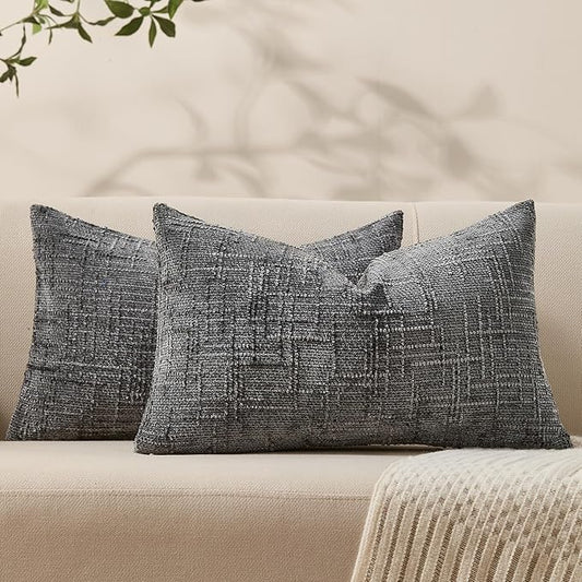 Decorative Couch Throw Pillow Covers 12x20 Set of 2 Dark Gray Soft Chenille Pillow Covers Neutral Textured Boho Cushion Covers for Modern Farmhouse Sofa Bedroom Living Room Decor SY008-E12