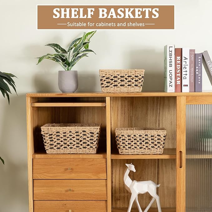 OIAHOMY Wicker Storage Baskets, Paper Rope Shelf Bins, Decortive Baskets for Organizing, Set of 3-Yellow & Black