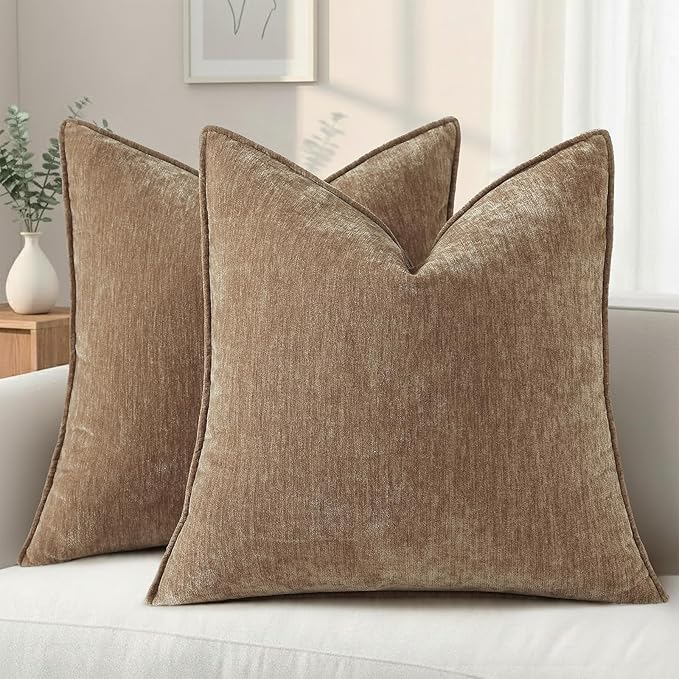 decorUhome Spring Couch Euro Sham Throw Pillow Covers 24x24 Set of 2, Decorative Soft Velvet Modern Cozy Chenille Pillow Cases with Elegant Design for Sofa Bed Living Room Home Decor, Brown