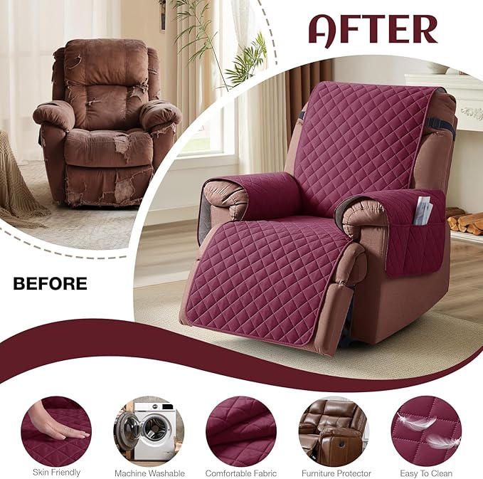 KinCam 100% Waterproof Recliner Chair Cover, Reclining Couch Covers for Pets, Dogs, Recliner Couch Slipcover Furniture Protector with Elastic Straps for Kids(28", Burgundy)