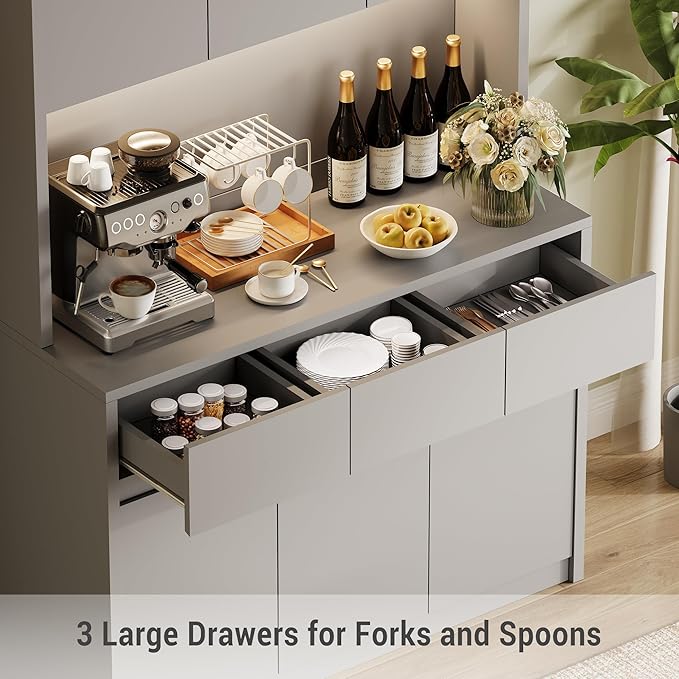 71" Tall Kitchen Pantry Cabinet, Adjustable Shelves & Doors and Three Drawers, Microwave Shelf, Coffee Bar with LED Lights & Charging Station, Corner Storage Hutch for Living Room, Gray