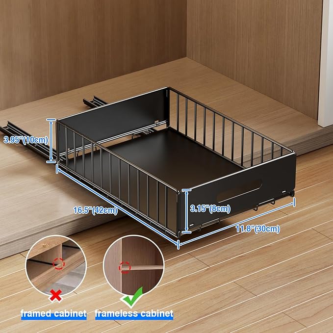 2 Pack Pull Out Cabinet Organizer, Slide Out Drawers for Cabinets, Peel and Stick, Heavy Duty Shelves for Kitchen, Cupboard, Pantry, Bathroom (16.5" D*11.8" W*3.94" H-Black)