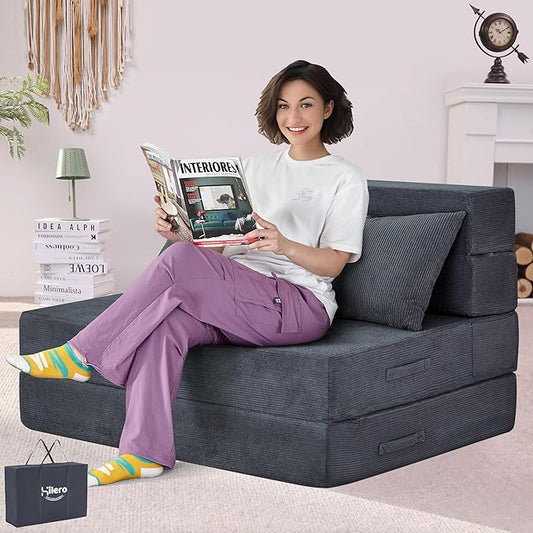 Folding Sofa Bed, 4 in 1 Convertible Sleeper Chair with Pillow, Twin Memory Foam Fold Out Chair Bed, Modern Floor Futon Sofa Couch Mattress for Living Room/Guest/Apartment, Dark Grey