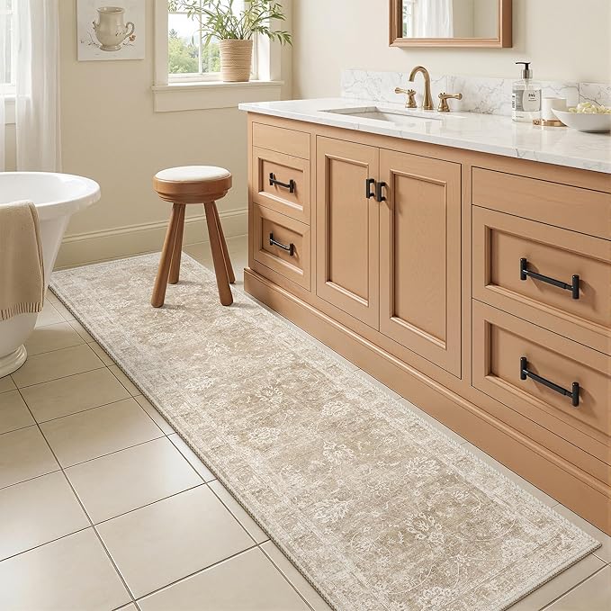 Madane 2x6 Runner Rug for Kitchen, Washable Vintage Hallway Rug with Non-Slip Rubber Backing, Soft Low Pile Throw Carpet Runner for Entryway Laundry Bathroom Bedroom Living Room (2 x 6, Beige/Brown)