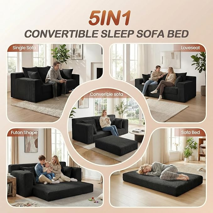 Convertible Sofa Bed, 5 in 1 Small Boneless Couch Pull Out Loveseat Sleeper Sofa,Corduroy Futon Couch Folding Mattress with 4 Pillows for Living Room Bedroom Lounge (No Assembly)
