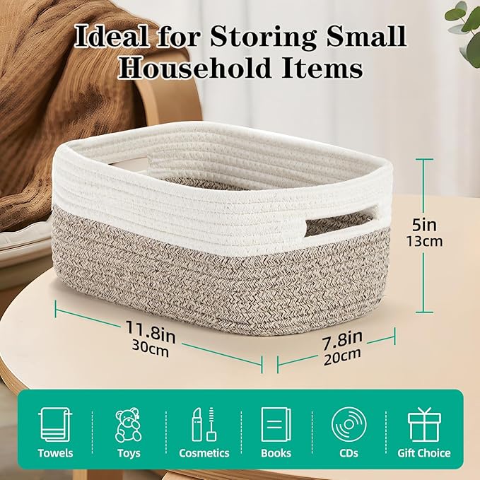 Bidtakay Small Cotton Rope Storage Baskets for Organizing 3 Pack Woven Baskets for Storage Closet Organizer Bins for Shleves 11.8×7.8×5 inch Cute Boho Decorative Basket with Handles - White&Tan