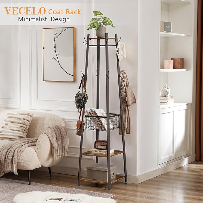 VECELO Coat Rack Freestanding, Entryway Clothes Stand with Metal Basket and 2 Shelves, Upgrade Hall Trees with 8 Dual Hooks for Bags, Hats, and Umbrellas, Industrial Styles, Vintage Brown+ Black
