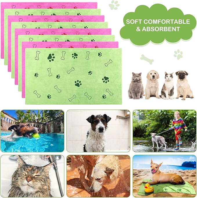 8 Pcs Dog Towels for Drying Dogs Cats Pet Towels Bulk Puppy Microfiber Quick Drying Paw Bath Bathing Supplies Absorbent for Medium Pets(Hot Pink,Green,40 x 24 Inch)