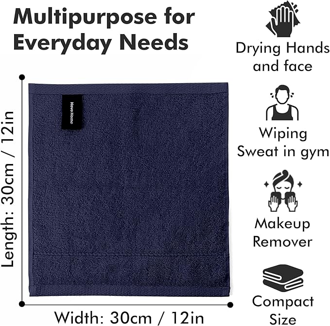 Face Towels Pack of 12 – 100% Cotton Wash Cloths (12x12 inch) – Soft, Quick Dry & Highly Absorbent Hand Towels for Bathroom, Spa, Gym, Kitchen and for Daily Use - (Navy Blue)