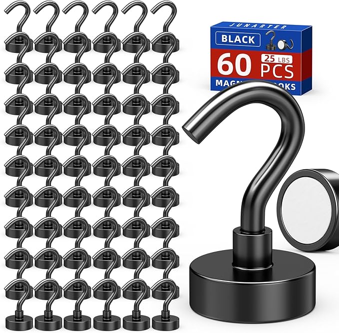 Black Magnetic Hooks, 60 Pack, 25lbs, Strong Neodymium Rare Earth, Perfect for Refrigerator, Kitchen, Cruise Cabins