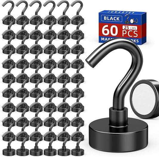 Black Magnetic Hooks, 60 Pack, 25lbs, Strong Neodymium Rare Earth, Perfect for Refrigerator, Kitchen, Cruise Cabins