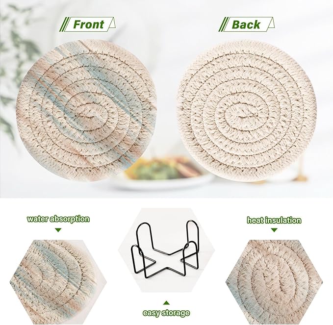 Minimalist Home Decor for Coffee Table, Kitchen, Drink Coasters, Earth Dye Stripes Handmade Cotton Absorbent Coaster Set of 6, Housewarming and Wedding Registry Ideas
